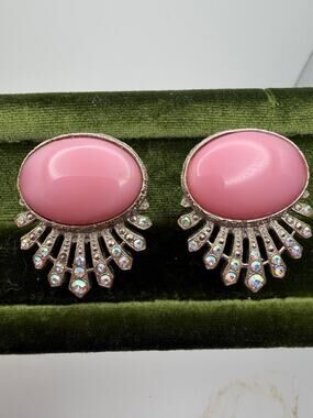 1928 Jewelry Company Vintage Clip Earrings, Silver Plated, Oval Pink Stone, AB